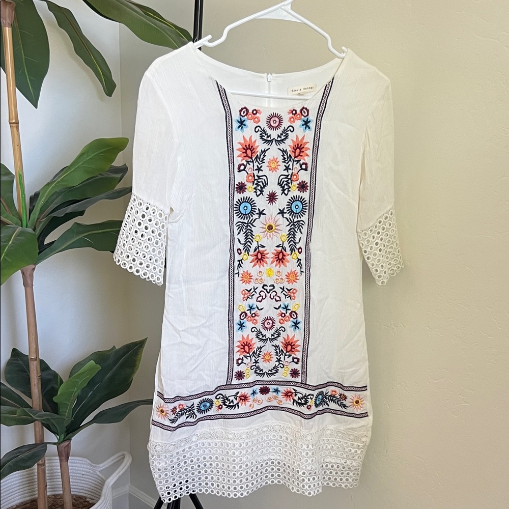 Stevie Hender White Dress with Vibrant Embroidery